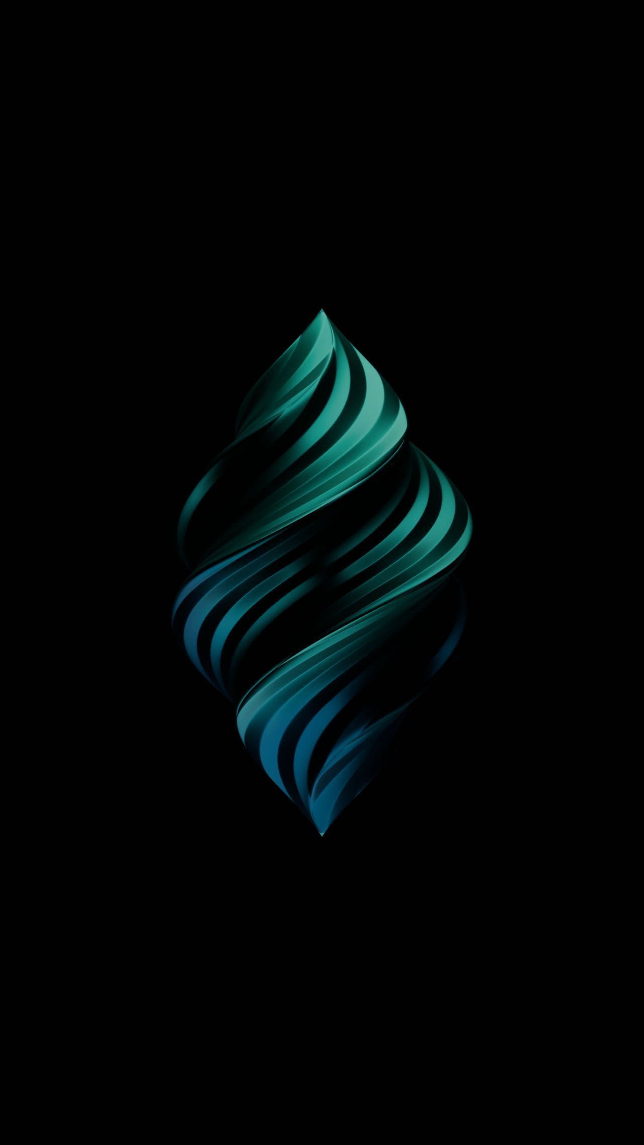 Abstract teal and blue spiral form on a dark background