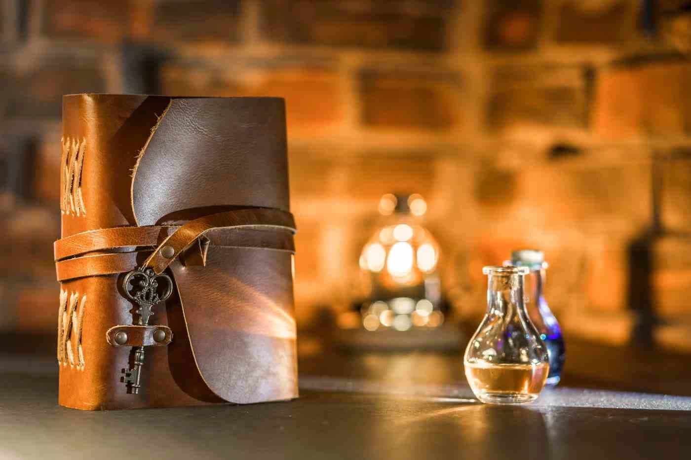 Antique apothecary jars and an old medical manuscript
