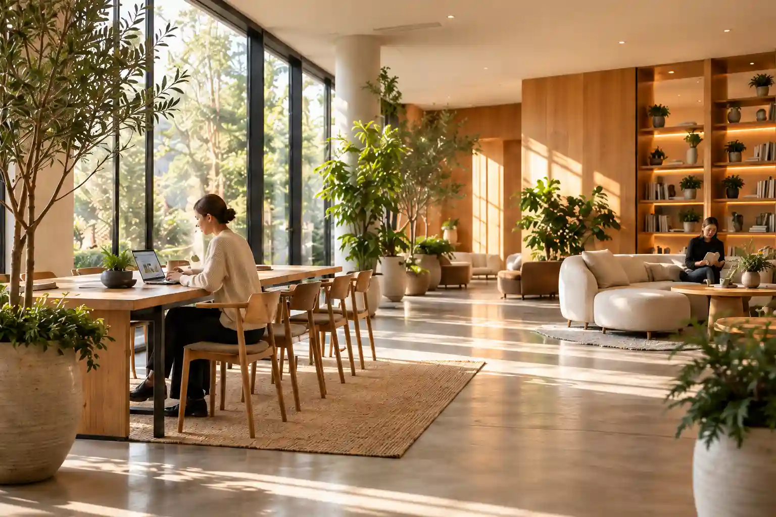 A sunlit wellness center with a shared work table, plants and a lounge.
